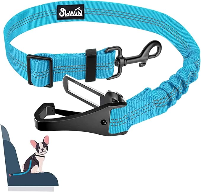 SlowTon Dog Seat Belt, Adjustable Dog Safety Belt Leash, 2 in 1 Latch Bar Attachment Dogs Car Seatbelt with Elastic Nylon Bungee Buffer, Reflective Nylon Belt Tether Connect to Dog Harness (Blue)-Mewly Pet