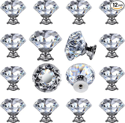 DEELF 12 Packs Kitchen Cabinet Knobs, 40 mm Crystal Cabinet Knobs, Diamond Dresser Handle Drawer Pulls, Dresser Knobs for Cabinets and Drawers, Silver Base