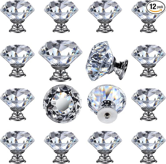 DEELF 12 Packs Kitchen Cabinet Knobs, 40 mm Crystal Cabinet Knobs, Diamond Dresser Handle Drawer Pulls, Dresser Knobs for Cabinets and Drawers, Silver Base