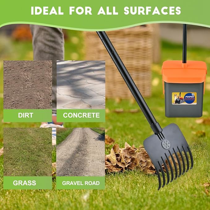 Pooper Scooper Swivel Bin & Rake Kit with 55 Waste Bags, 46" Long Handle Adjustable Portable Non-Breakable Dog Pooper Scooper Easy to Clean Pet Waste-Mewly Pet