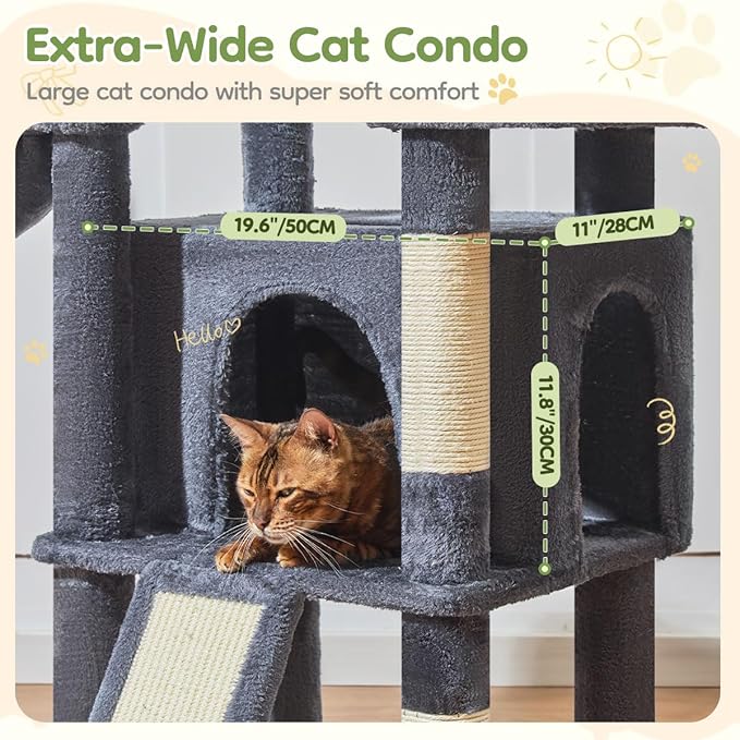 Taoqimiao 72 Inches Cat Tree for Large Cats, Multi-Level Tall Cat Tower, Widened Cat Condo with Large Scratch Board, 5 Scratching Posts, Metal Hammcock, Cozy Basket, Smoky Gray, MS045G-Mewly Pet