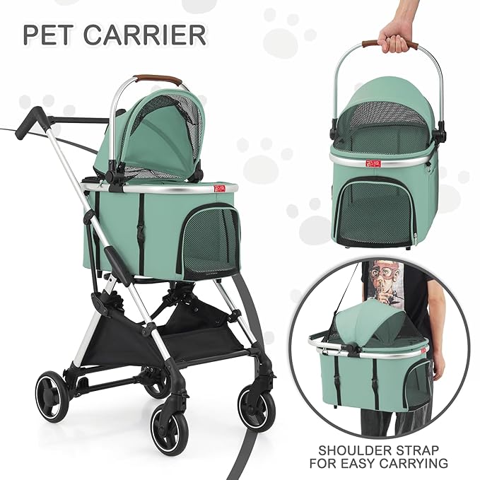MoNiBloom Pet Stroller for Small/Medium Dogs w/Detachable Carrier & Lightweight Aluminum Frame, Folding Jogging Travel Stroller, Mint Green-Mewly Pet