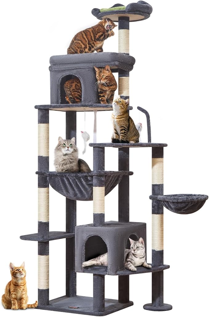 Taoqimiao 83In Heavy Duty Cat Tree, Suitable 20lb+ Large Cats, XXL-Cat Tower for Indoor Cats Large Adult, 2 Luxurious Cat Cando with 8 Scratching Posts,Oversized Metal Hammocks,Smoky Gray MS032G-Mewly Pet
