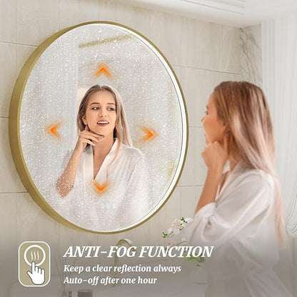 24 Inch Round LED Bathroom Mirror, Gold Metal Framed Lighted Mirror for Bathroom, Wall Mouted LED Vanity Mirror with Lights, 3 Colors and Stepless Dimmable, Anti-Fog, Memory