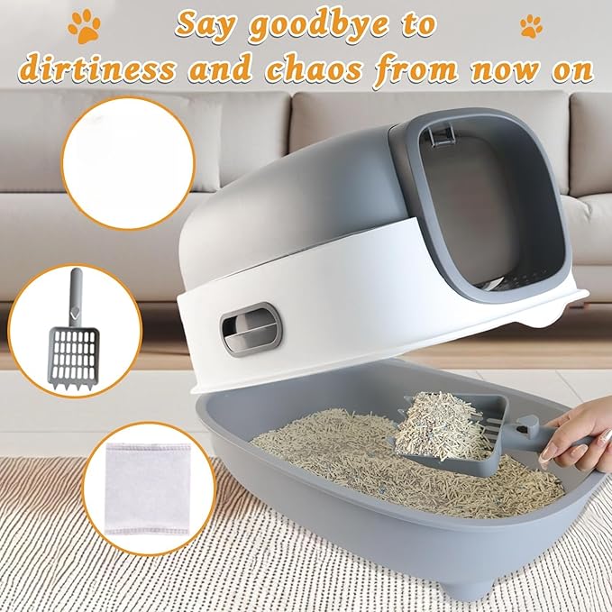Large Cat Litter Box with Cat Litter Scoop, Foldable Litter Box with Lid, Front Entry and Exit Leak-Proof Litter Cat Box, Odor Control, Easy to Clean (Grey)-Mewly Pet