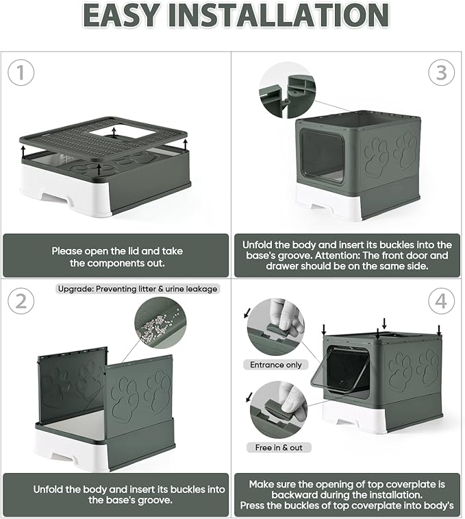 Cat Litter Box with X-Large Litter Mat and Scoop, Large Foldable Litter Box with Lid, Enclosed Kitty Box,Front Top Entry Exit, Odor Control Easy to Clean (Upgrade Olive Green)-Mewly Pet