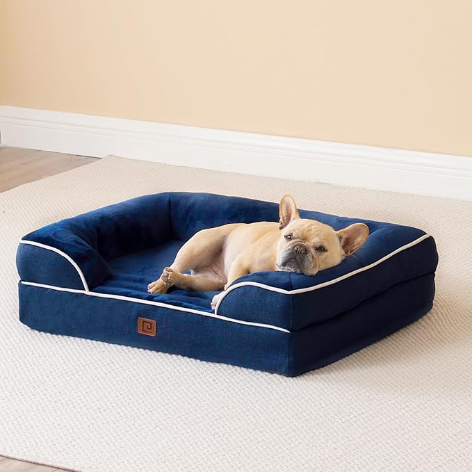 EHEYCIGA Orthopedic Dog Beds for Large Dogs, Waterproof Memory Foam Large Dog Bed with Sides, Non-Slip Bottom and Egg-Crate Foam Pet Couch Bed with Washable Removable Cover, Navy-Mewly Pet