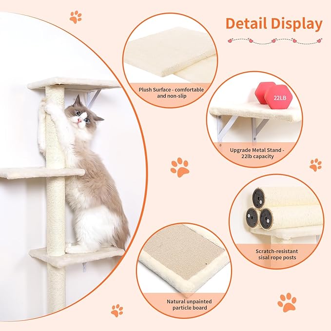 Modern Wall-Mounted Cat Furniture - 5pcs Cat Wall Shelves, Wooden Climber Includes House, Bridge, Tree, Steps, and Scratcher-Mewly Pet