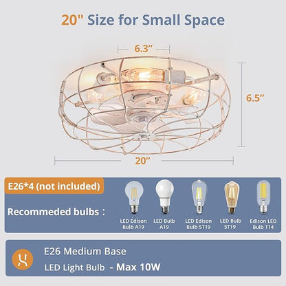 LEDIARY 20" Caged Ceiling Fans with Lights, White Flush Mount Low Profile Ceiling Fan with Remote, Small Modern Farmhouse Industrial Ceiling Fan with Light for Bedroom, Kitchen, Dining Room, Indoor