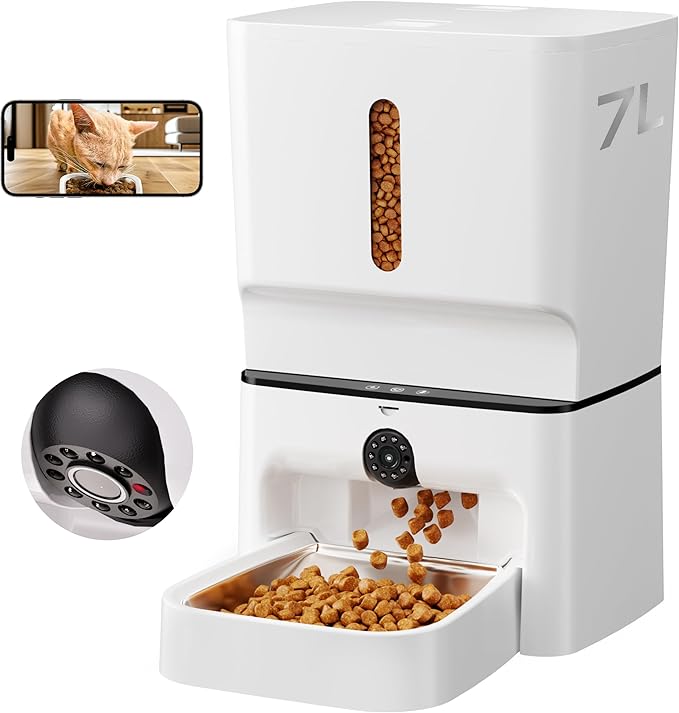 Automatic Cat Feeder with Camera, 7L Timed Dog Feeders, Adjustable Camera, 1080P HD Night Vision, Automatic Dog Feeder, 5G WiFi Cat Food Dispenser with 2-Way Audio, Low Food & Motion Alerts-Mewly Pet