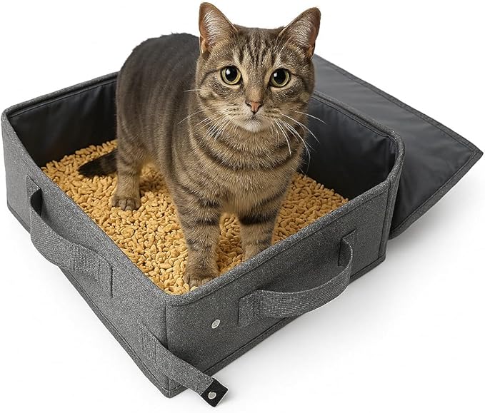 Portable Travel Litter Box for Cats, Small Foldable Travel Cat Litter Box with Zipped Lid, No Smell, Waterproof, Leak-Proof, for Car Hotel and Outdoor, Grey-Mewly Pet