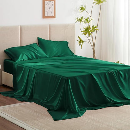 Love's cabin Satin King Sheet Sets - 4 Piece Dark Green Silky Sheets King Size Bed with Deep Pocket, Luxury Silk Feel King Size Satin Sheet Set (1 Flat Sheet,1 Fitted Sheet,2 Pillow Cases)