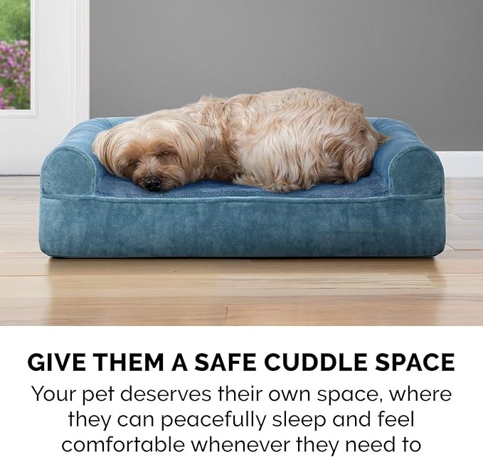 Furhaven Cooling Gel Dog Bed for Medium/Small Dogs w/ Removable Bolsters & Washable Cover, For Dogs Up to 35 lbs - Faux Fur & Velvet Sofa - Harbor Blue, Medium-Mewly Pet