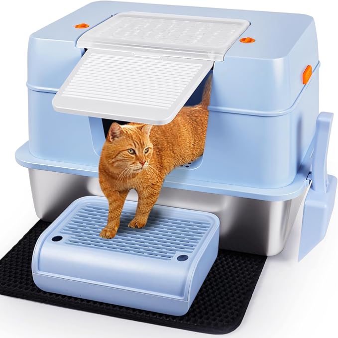 Vivifying Stainless Steel Litter Box with Lid, XL Side Entry Extra Large Litter Box for Big Cats & Kitty, Removable Enclosed Metal Cat Pan with High Sided Enclosure, Scoop, Mat, Footboard (Blue)-Mewly Pet