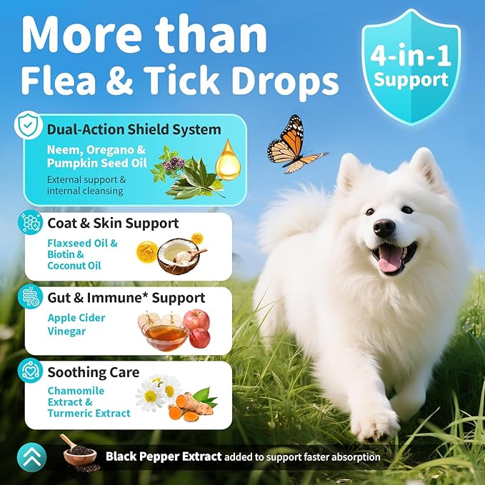 Dog Flea and Tick Support, Natural Herbal Flea & Tick Comfort for Dogs, Flea Liquid Drops Supplement for Dogs with Neem, Oregano, Pumpkin Seed Oil - Chicken Flavor, 2 FL.Oz - All Breeds & Sizes-Mewly Pet