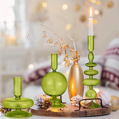 Rtteri 3 Pcs Glass Candlestick Holders Glass Candle Holders Groovy Wavy Elegant Taper Candle Stick for Wedding Home Birthday Party Christmas Halloween Decoration Windowsill Decor(Green)