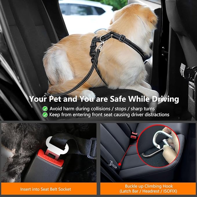 Dog Seat Belt Harness for Car, Dog Car Harness Adjustable Mesh Breathable & Dogs Seatbelt Safety Tether with Elastic Bungee for Small Medium Large Pets(Carbon Black, L)-Mewly Pet