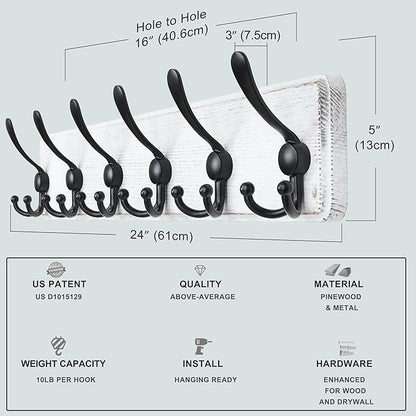Dseap Coat Rack Wall Mounted - 24" Long 6 Tri Hooks, Heavy Duty Wooden Wall Coat Hanger Coat Hook for Clothes Hat Jacket Clothing, White and Black, Pack of 2