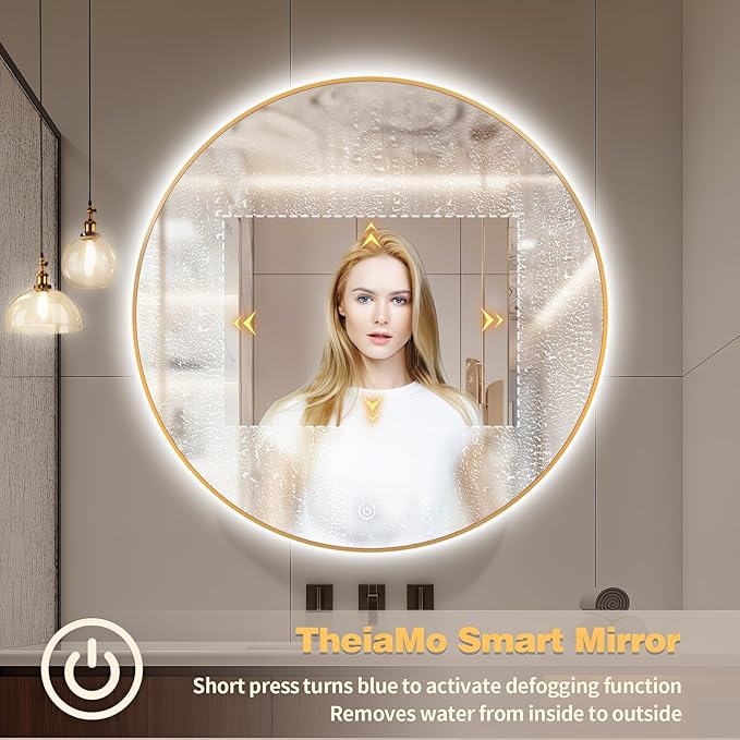40" Round LED Bathroom Mirror, Wall Mounted Backlit Vanity With Lights, Fog Free Circle With Gold Frame, Smart Light Up 3-Color