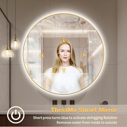 44" Round LED Bathroom Mirror, Wall Mounted Round Backlit Mirror LED Bathroom Vanity Mirror with Lights Fog Free Circle Lighted Mirror with Gold Frame, Smart Light up Mirror 3-Color