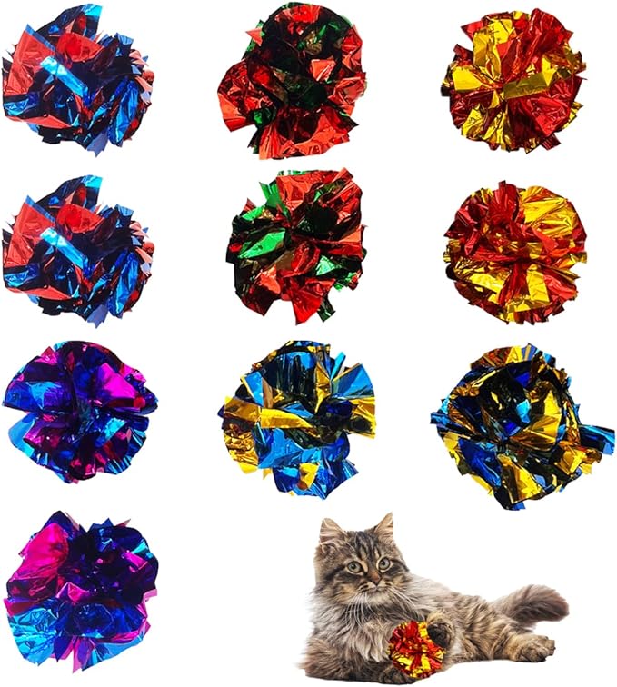 Cat Crinkle Ball Toys 10 Packs for Indoor Cats to Kill Time and Keep Fit, 2.3 Inch Colorful Mylar Crinkle Balls Attract Cats to Swat, Bite, Hunt, Interactive Toys for Cats and Kittens-Mewly Pet