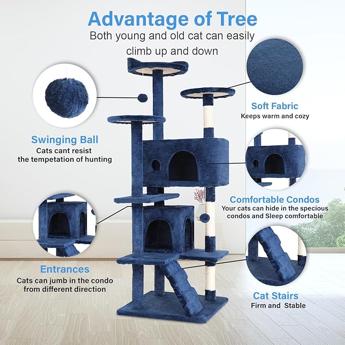 FDW Cat Tree 54in Cat Tower Multi-Level Durable Cat Scratching Post & Cozy Fun Cat Jumping Platform Space Saving Cat Condo Pet Play House for Indoor Cats,Navy Blue-Mewly Pet