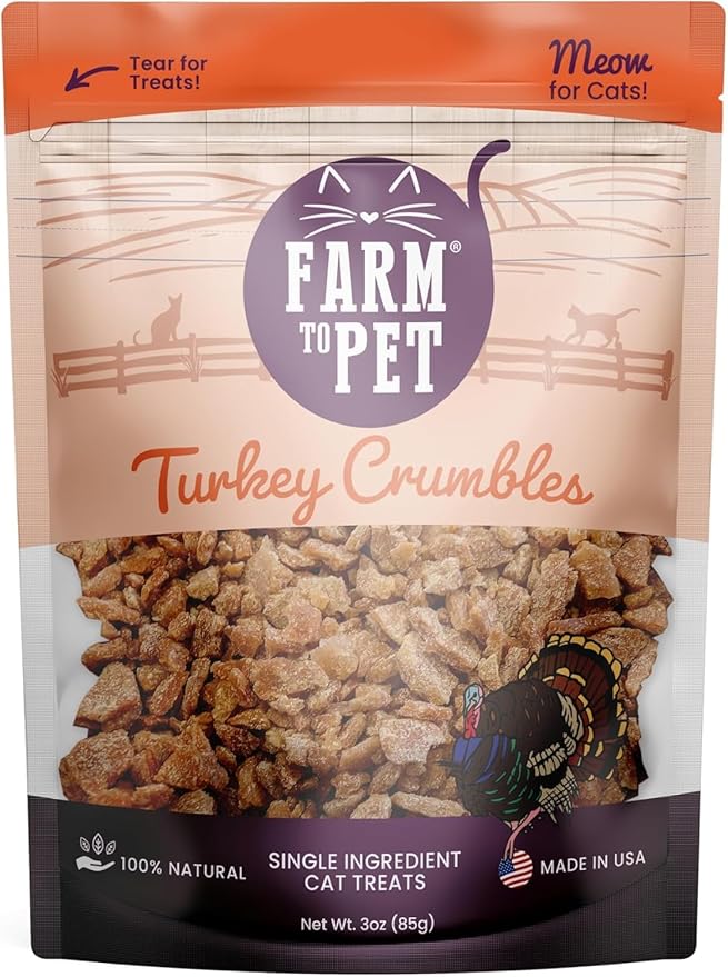 Farm To Pet - Cat Treat Crumbles - 3 oz Single Ingredient Turkey Cat Treats or Snacks - Healthy for Indoor Cats and Kitten- Essential Products (Mix with Wet or Dry Food)-Mewly Pet