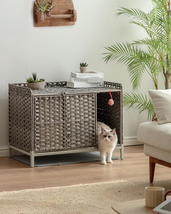 Cat Litter Box Enclosure Furniture with Divider, Handwoven Rattan Litter Box with Mat, 31.2 x 19.6 x 24.2 Inches, Metal Heightened Feet, Hidden Cat House for Living Room, Bedroom (Gray)-Mewly Pet