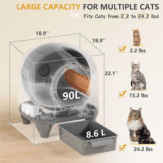 WARCAT Self Cleaning Litter Box Automatic, 90 L Automatic Cat Litter Box for Multiple Cats APP-Controlled with Smart Sensors, Safety Protection,Mat,1 Roll Garbage Bag (Gray)-Mewly Pet