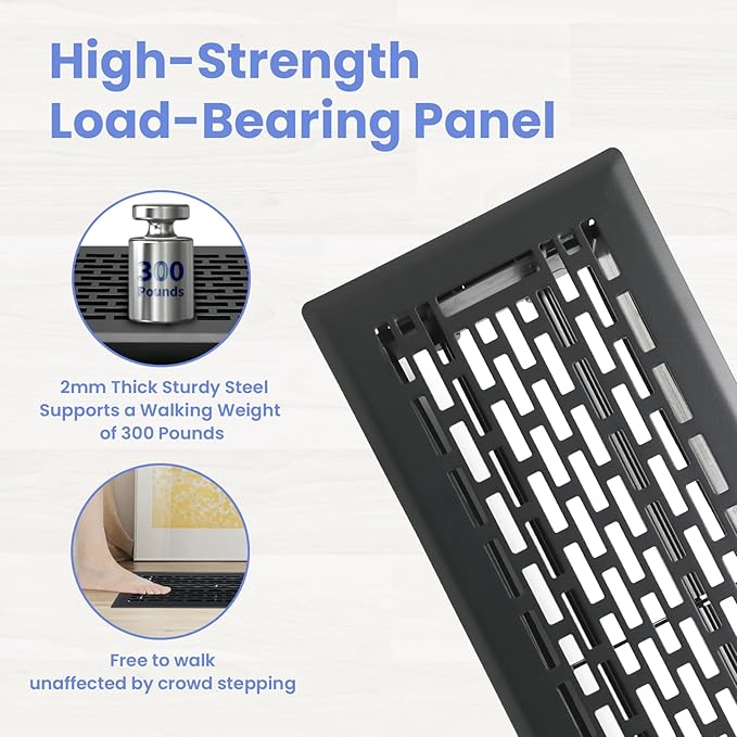 4x12 Inches 2 Pack Heavy Duty Walkable Floor Register - Easy Adjust Air Supply Lever Decorative Floor Vent Covers - Boston Design Vent Covers for Home - Matte Black