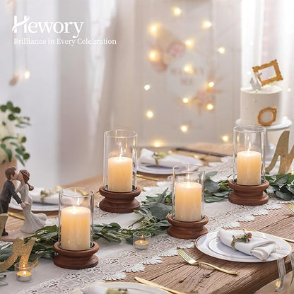 Hewory Hurricane Glass Candle Holder: 2PCS Rustic Brown Candle Holders for Pillar Candles, Vintage Decorative Wood Stand with Clear Glass Cover for Weddings Christmas Table Centerpiece Home Decor