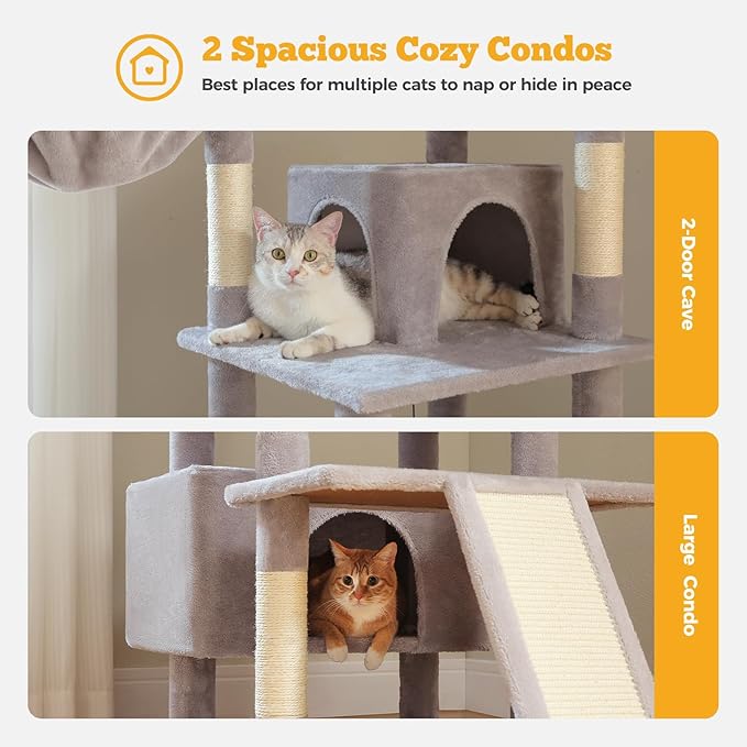 81" Heavy Duty Cat Tree for Large Cats up to 20lbs - Extra Tall Cat Tower with Metal Frame Hammock, 6 Sisal Scratching Posts, 2 Perches - Indoor Cat Furniture for Maine Coon, Big Cats, Gray-Mewly Pet