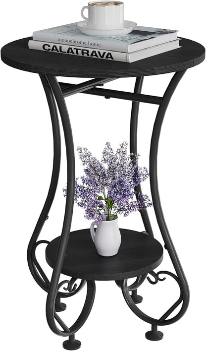 Side Table,Small Round End Table for Small Spaces - Round Bedside Nightstand Table with Metal Frame,Couch Sofa Coffee Table,Retro Accent Table for Living Room Bedroom Balcony,Black,Upgraded Version
