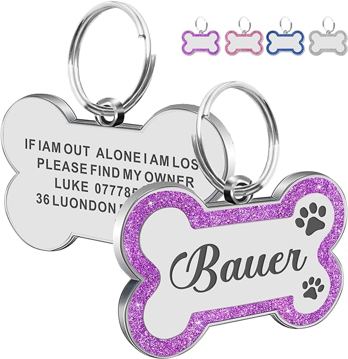 Dog Tags Personalized for Pets Dog Name Tags Personalized Dog Tag Engraved with Any Name & Text Custom Dog ID Tags Glitter Bone ID Tag for Puppy Cat (Purple S, Bone)-Mewly Pet