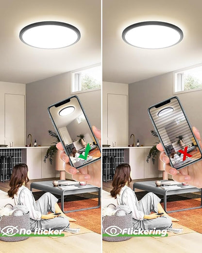 zemty Black LED Flush Mount Ceiling Light - 12 Inch 28W 3200lm LED Light Fixture, 3000k/4500k/6000K Selectable Round Flat Light Fixtures for Bedroom, Kitchen, Hallway