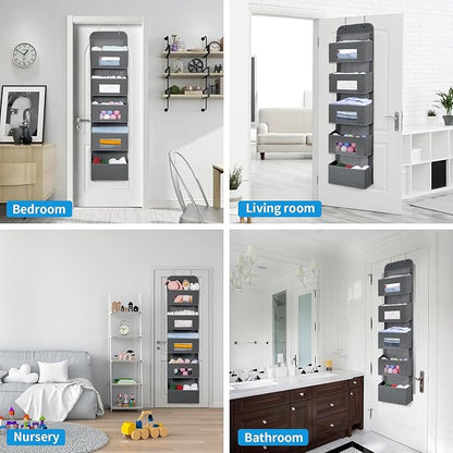 5-Shelf Over The Door Hanging Organizer with 2 Metal Hooks，5 Pocket Over The Door Wall Mount Storage with Clear Windows for Baby Nursery Bathroom Closet,Bedroom,Dorm (Gray-2 Pack)