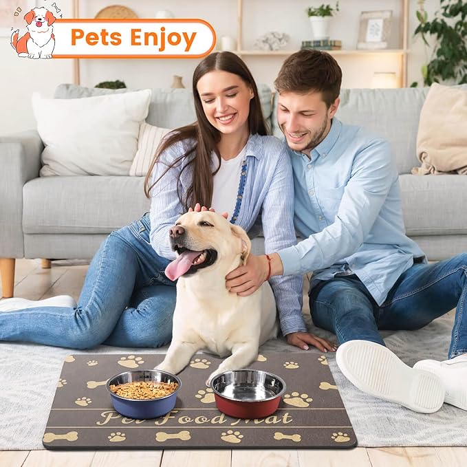 Pet Feeding Mat-Absorbent Pet Placemat for Food and Water Bowl, with Waterproof Rubber Backing, Quick Dry Water Dispenser Mat for Dog and Cat (17"x27", Brown)-Mewly Pet