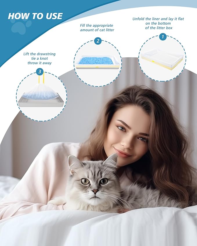 KONE 45 Count Litter Box Liners, Pet* Scoopfree Self-Cleaning Box Liners, Automatic Kitty Litter Bags, Thickened & Leak-Proof Drawstring Cat Litter Waste Bags, Disposable Refill Tray Rectangle Bags-Mewly Pet