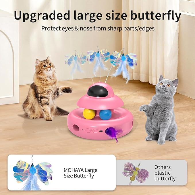 Automatic Cat Toys,4-in-1 InteractiveCat Toys for Bored Indoor Adult Cats, Electric Flying Butterfly,Rechargeable Moving Ambush Feather,Pink Kitter Toy Track Balls-Mewly Pet