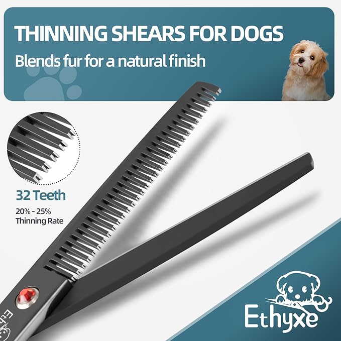 7.0" Professional Dog Grooming Scissors Kit – 3-Piece Set with Straight, Curved & Thinning Shears, Black Japanese Stainless Steel, Includes Grooming Comb for Dogs & Cats-Mewly Pet