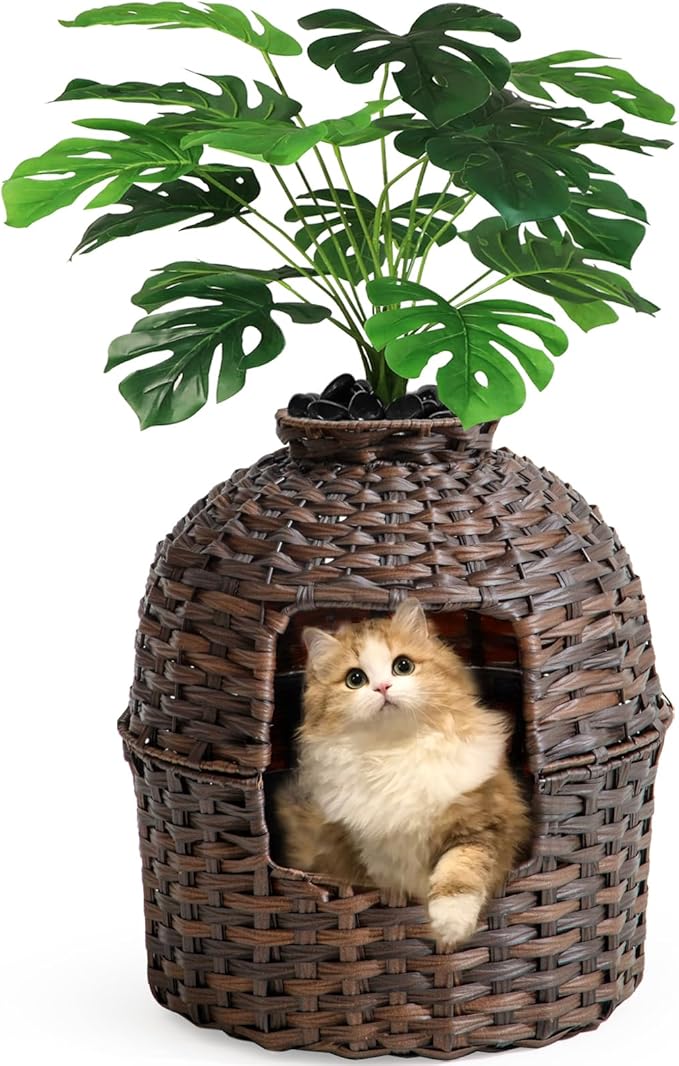 Cat Litter Box Plant Furniture Enclosure, Hidden Handwoven Rattan with Cat Litter Box and Artificial Plants, Odor Control Filter, Real Stones in Living Room, Bedroom, Corner (Brown)-Mewly Pet