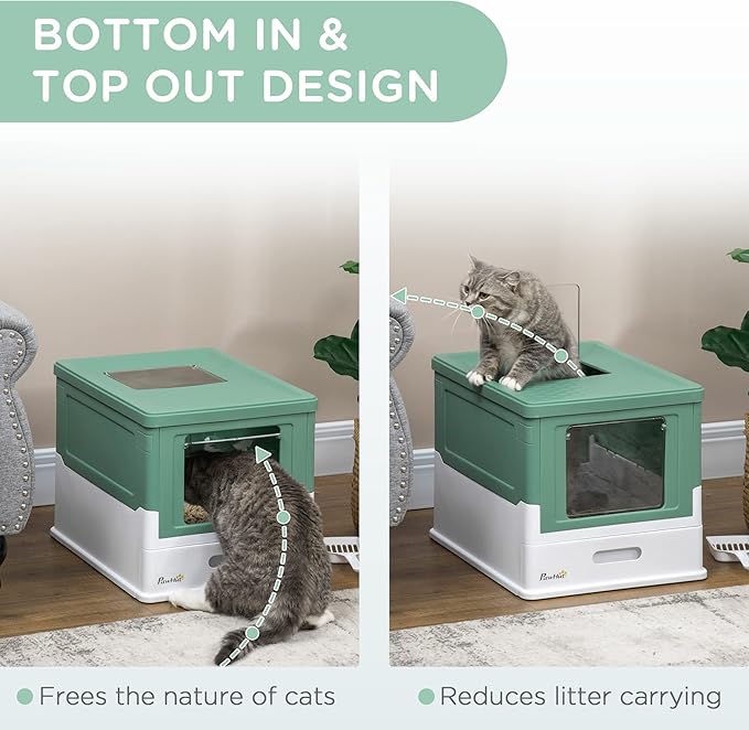 PawHut Fully Enclosed Litter Box with Scoop, Hooded Litter House with Drawer Tray, Foldable Smell Proof Cat Potty with Front Entry, Top Exit, Portable Pet Toilet with Large Space, Green-Mewly Pet