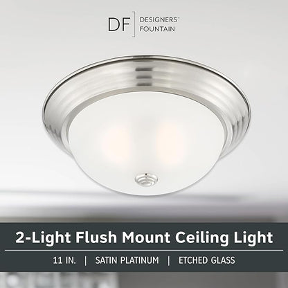 DESIGNERS FOUNTAIN Reedley 2-Lights Flush Mount Ceiling Light, 11 Inch Lighting Fixture for Kitchen, Bedroom, Bathroom, and Hallway, Satin Platinum with Etched Glass, 1257S-SP-W