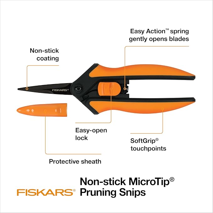 Fiskars 6" Pruning Scissors for Flowers, Buds, Weeds and Small Plants, Garden Snips with Resin Resistant Nonstick Stainless Steel Blades, Gardening Trimmers with Comfortable Handle-Mewly Pet