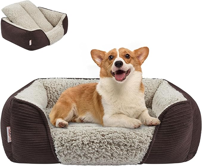 Miguel Washable Dog & Cat Bed with Removable Cushion for Medium & Small Dogs, Easy to Wash Pet Sofa Bed with Side Bolster, Anti-Slip Bottom, Dark Brown, 30 Inch Rectangle-Mewly Pet