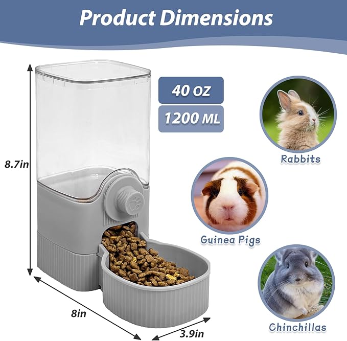 Fhiny Rabbit Food Dispenser, 40oz Large Capacity Hanging Gravity Bunny Feeder for Cage Automatic Guinea Pig Feeding Bowls Pet Food Storage for Bunny Guinea Pig Chinchilla Ferret Cat Puppy-Mewly Pet