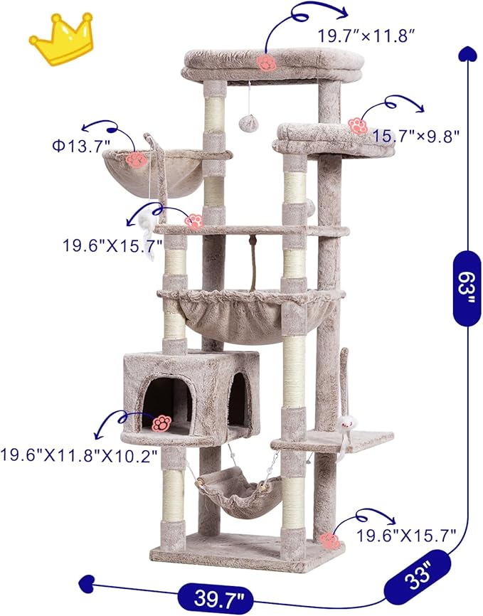 Cat Tree, Cat Tower for Large Cats with 2 Big Platforms, 2 Baskets, condo and Toys, 63" Cat Scratching Posts for Indoor Cats, Muchroom GCT020MU-Mewly Pet