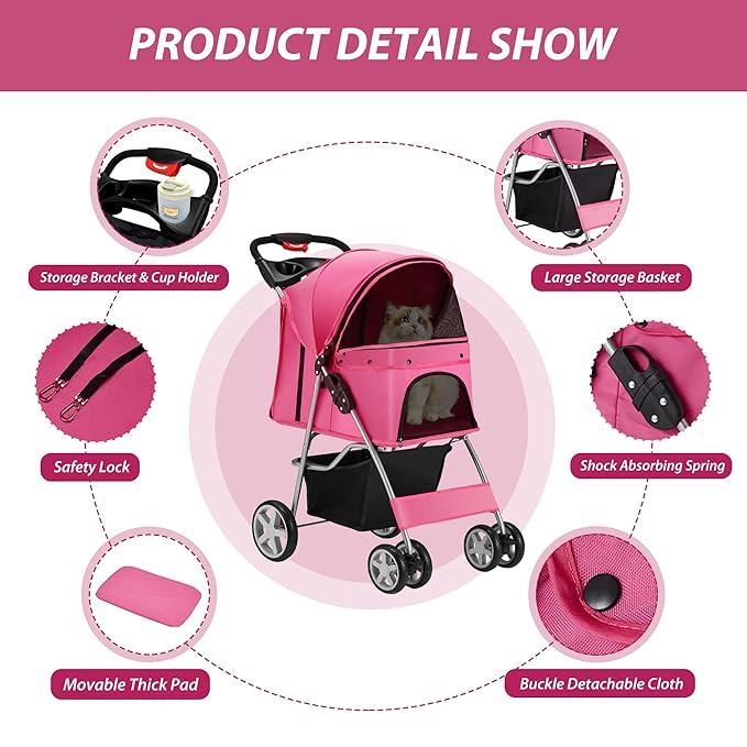 4 Wheels Pet Stroller for Small Medium Dogs Cats 10-33 lbs, Foldable Dog and Cat Stroller with Cup Holder & Storage Basket & Breathable Mesh, Pet Strolling Cart for All-Season, Pink-Mewly Pet
