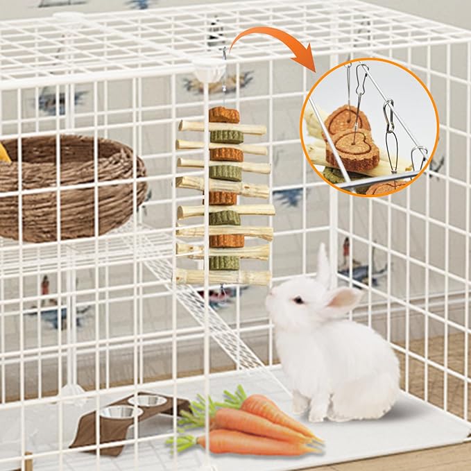 4 PCS Rabbit Chew Toys for Teeth Grinding, Delicious Bunny Cage Hanging Chew Toys, Natural Sweet Bamboo Chew Sticks and Timothy Grass Cake Hay Treats Maintaining Healthy Teeth for Rabbits-Mewly Pet