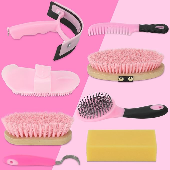Horse Grooming Kits, 9 Pieces Pink, Includes Tote Bag, Bathing Supplies Sweat Scraper Bathing Sponge, Hoof Pick, Curry Comb for Horse Riders Beginners-Mewly Pet